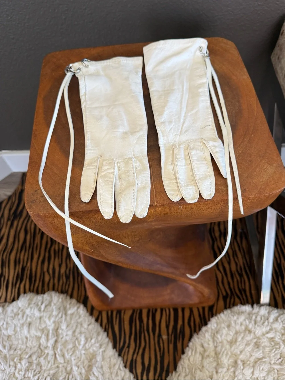White Leather Gauntlet Gloves Silver piercings  & Leather Tassels Avant-Garde